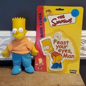 Vintage Bundle Bart Simpson Doll Toy and Vinyl Sign The Simpsons